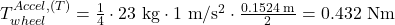 T_{wheel}^{Accel, (T)} = \frac{1}{4} \cdot 23 \text{ kg} \cdot 1 \text{ m}/\text{s}^2 \cdot \frac{0.1524 \text{ m}}{2} = 0.432 \text{ Nm}