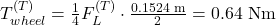 T_{wheel}^{(T)} = \frac{1}{4} F_L^{(T)} \cdot \frac{0.1524 \text{ m}}{2} = 0.64 \text{ Nm}